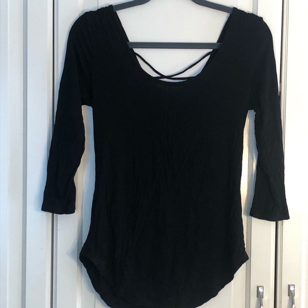 Black 3/4 Sleeve Top w/ crossed straps in the back